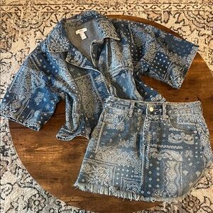 Forever 21 Bandana Print Denim Skirt and Short-Sleeve Jacket Set